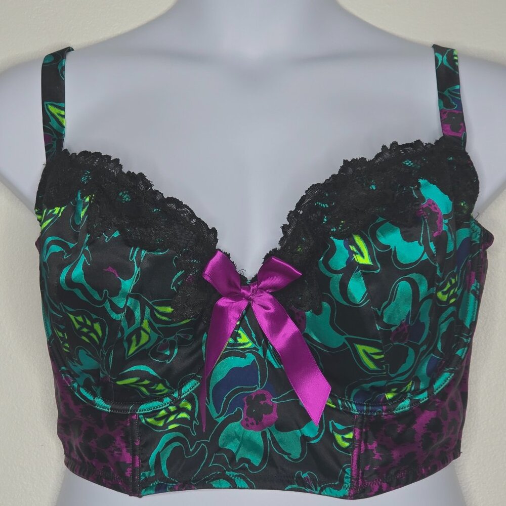 Lane Bryant Cacique Bustier Bra Ribbon Underwire 40G Black Lace Floral Longline